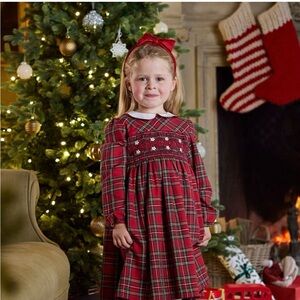 Trotters Red Plaid Holiday Dress with Bow Hair Band, size 6/7
